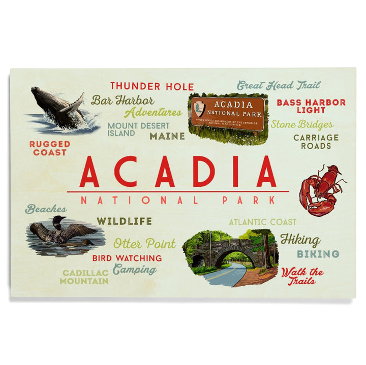 Acadia National Park, Maine, Typogrphy and Icons, Wood Signs and Postcards Wood Lantern Press