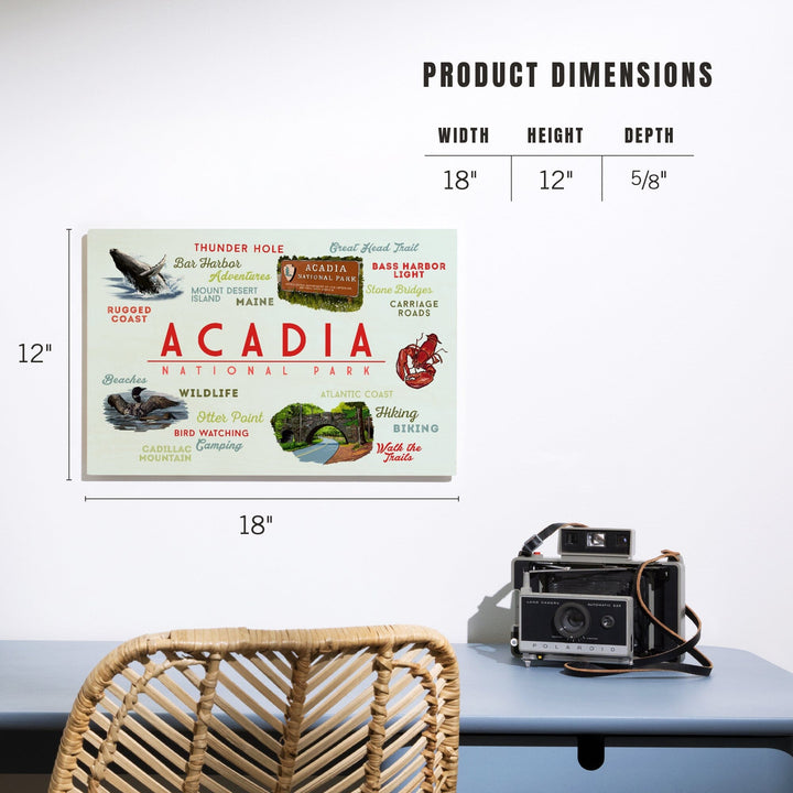 Acadia National Park, Maine, Typogrphy and Icons, Wood Signs and Postcards Wood Lantern Press