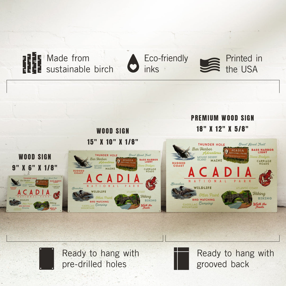 Acadia National Park, Maine, Typogrphy and Icons, Wood Signs and Postcards Wood Lantern Press