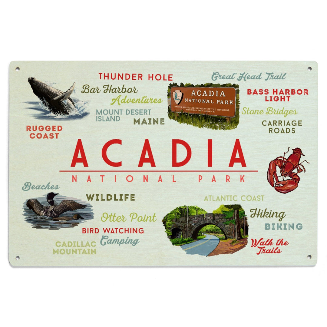Acadia National Park, Maine, Typogrphy and Icons, Wood Signs and Postcards Wood Lantern Press