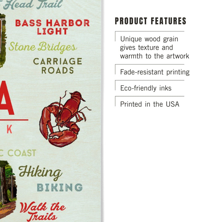 Acadia National Park, Maine, Typogrphy and Icons, Wood Signs and Postcards Wood Lantern Press