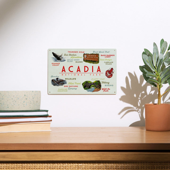 Acadia National Park, Maine, Typogrphy and Icons, Wood Signs and Postcards Wood Lantern Press