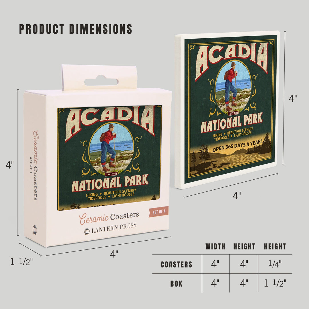 Acadia National Park, Maine, Vintage Hiker Sign, Coasters Coasters Lantern Press