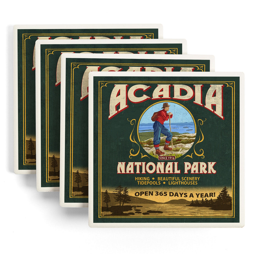 Acadia National Park, Maine, Vintage Hiker Sign, Coasters Coasters Lantern Press