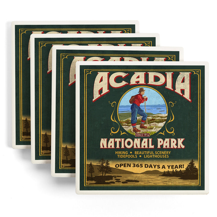 Acadia National Park, Maine, Vintage Hiker Sign, Coasters Coasters Lantern Press