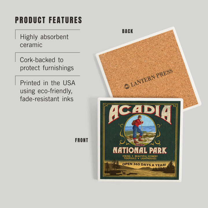 Acadia National Park, Maine, Vintage Hiker Sign, Coasters Coasters Lantern Press