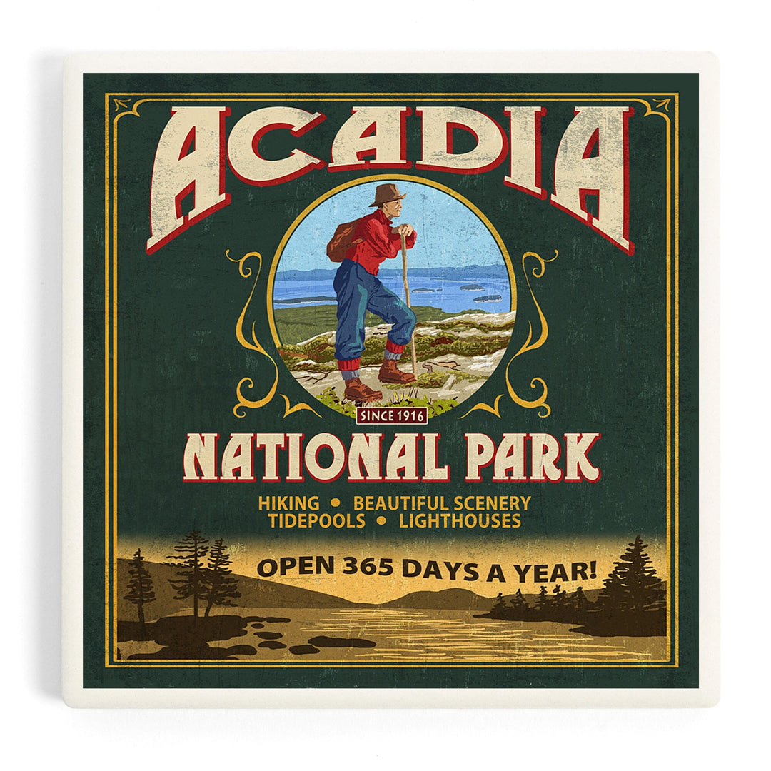 Acadia National Park, Maine, Vintage Hiker Sign, Coasters Coasters Lantern Press Coaster