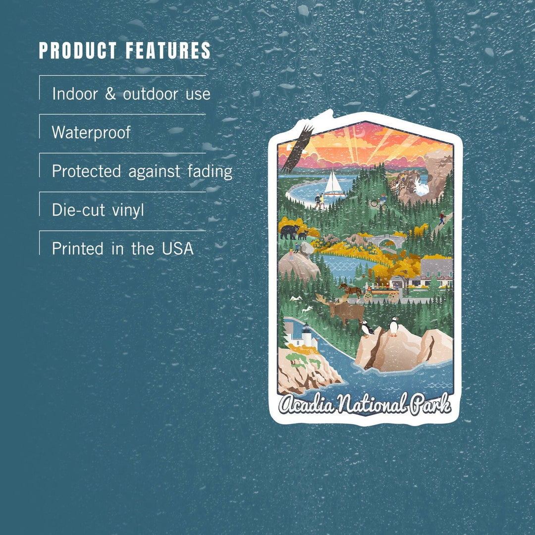 Acadia National Park, Retro View, Contour, Vinyl Sticker Sticker Lantern Press