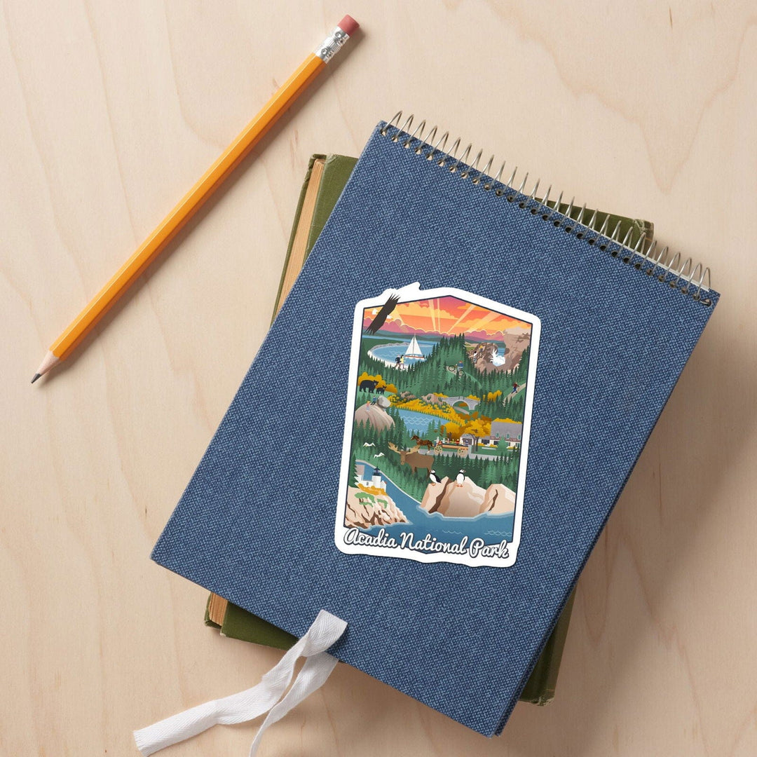 Acadia National Park, Retro View, Contour, Vinyl Sticker Sticker Lantern Press