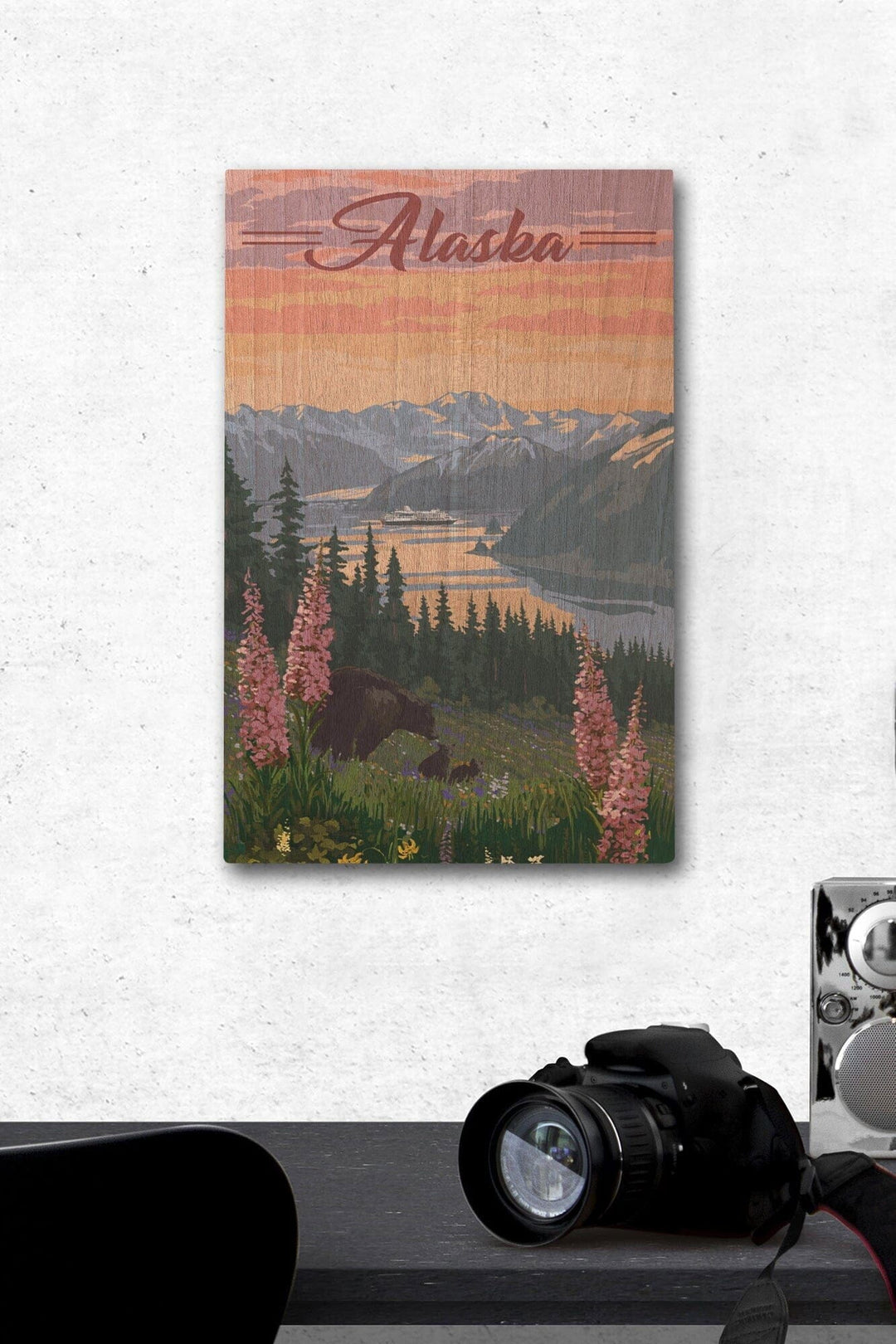 Alaska, Bear & Spring Flowers, Cruise Ship, Lantern Press Artwork, Wood Signs and Postcards Wood Lantern Press 12 x 18 Wood Gallery Print