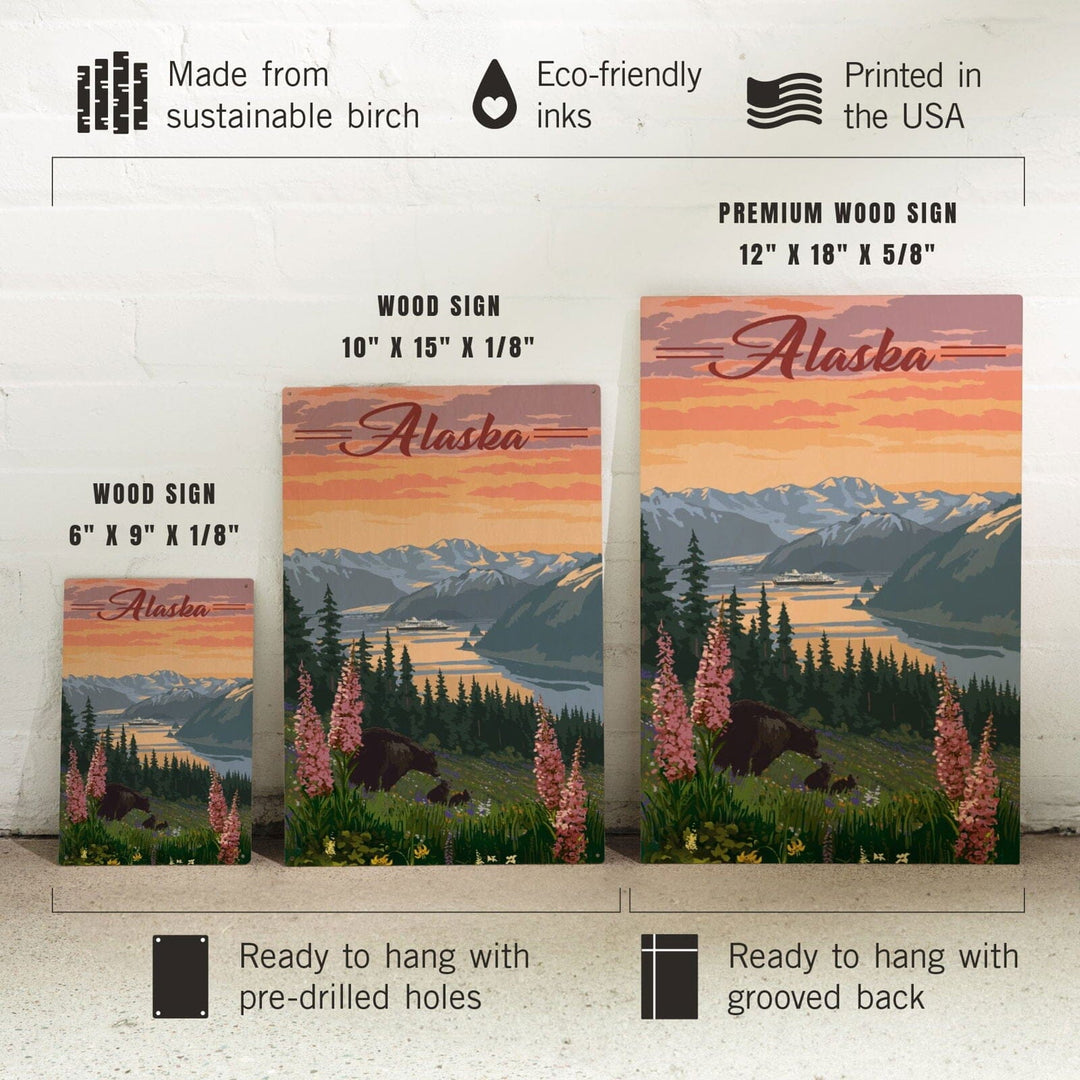Alaska, Bear & Spring Flowers, Cruise Ship, Lantern Press Artwork, Wood Signs and Postcards Wood Lantern Press