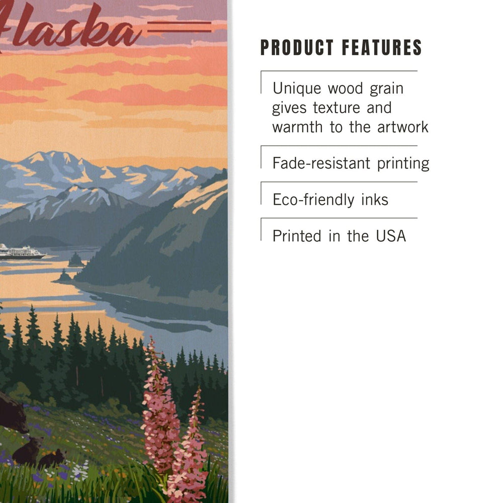 Alaska, Bear & Spring Flowers, Cruise Ship, Lantern Press Artwork, Wood Signs and Postcards Wood Lantern Press