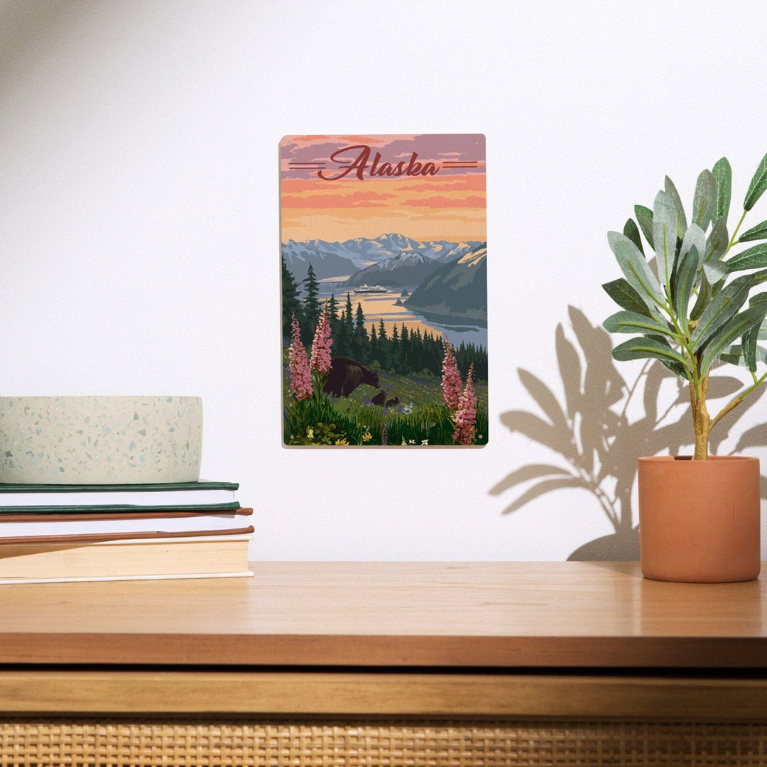Alaska, Bear & Spring Flowers, Cruise Ship, Lantern Press Artwork, Wood Signs and Postcards Wood Lantern Press