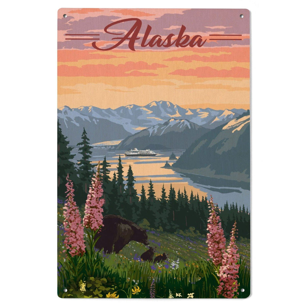Alaska, Bear & Spring Flowers, Cruise Ship, Lantern Press Artwork, Wood Signs and Postcards Wood Lantern Press