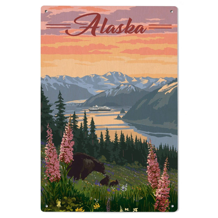 Alaska, Bear & Spring Flowers, Cruise Ship, Lantern Press Artwork, Wood Signs and Postcards Wood Lantern Press
