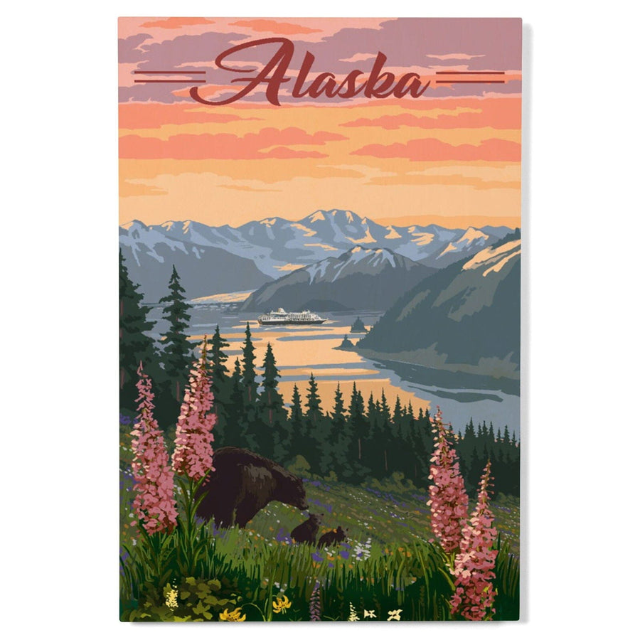 Alaska, Bear & Spring Flowers, Cruise Ship, Lantern Press Artwork, Wood Signs and Postcards Wood Lantern Press