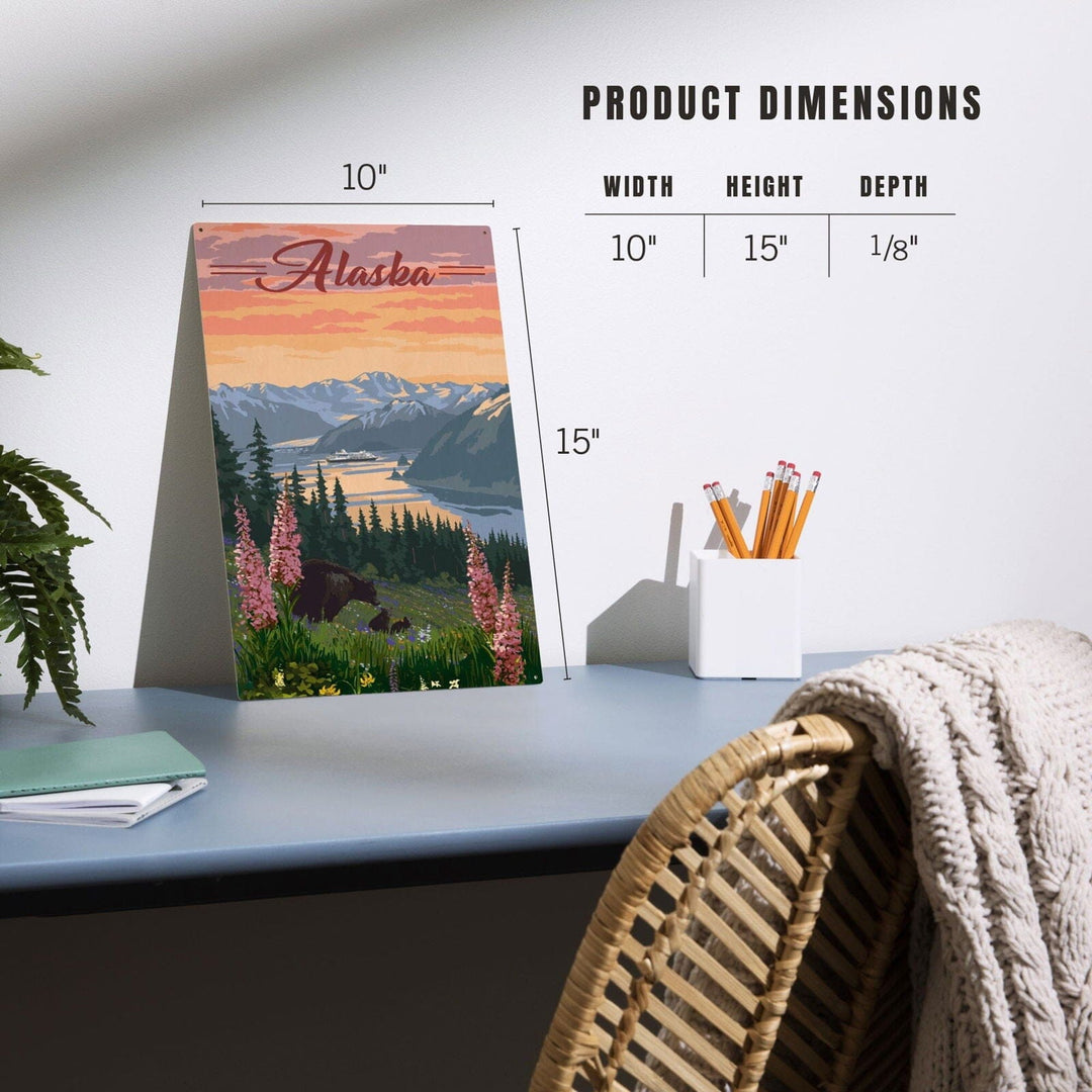 Alaska, Bear & Spring Flowers, Cruise Ship, Lantern Press Artwork, Wood Signs and Postcards Wood Lantern Press