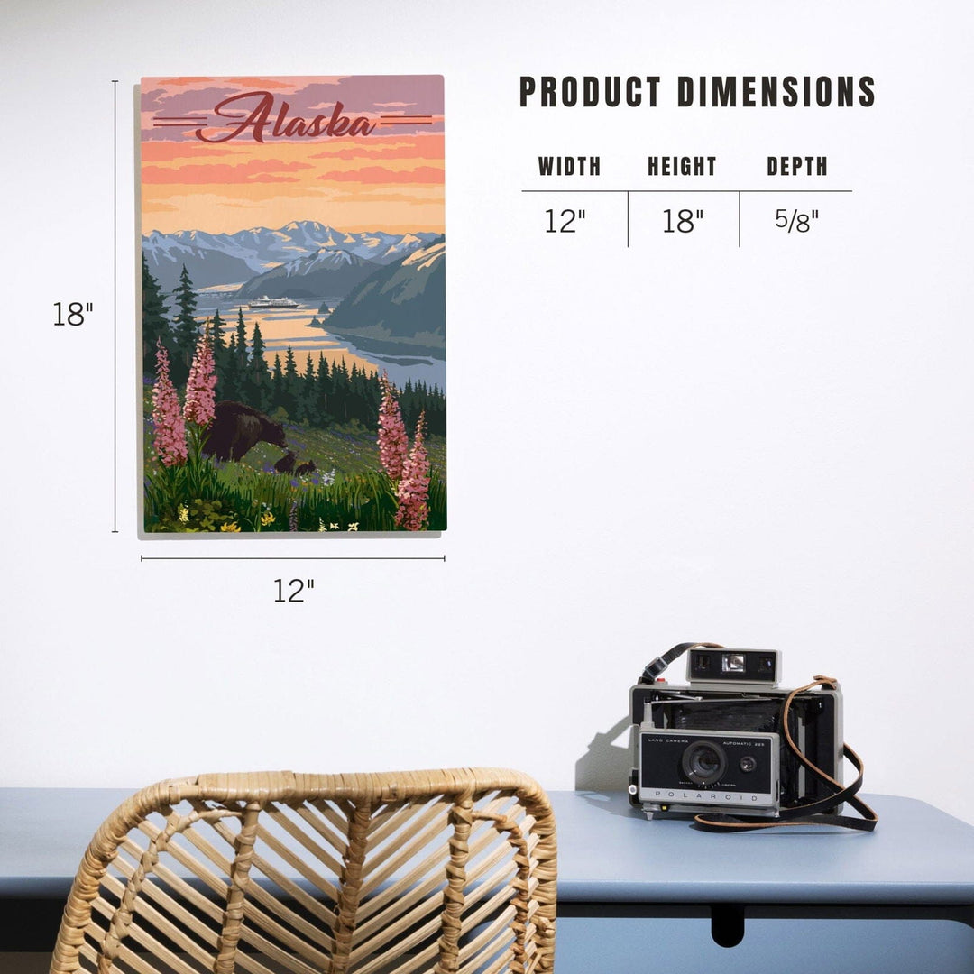 Alaska, Bear & Spring Flowers, Cruise Ship, Lantern Press Artwork, Wood Signs and Postcards Wood Lantern Press