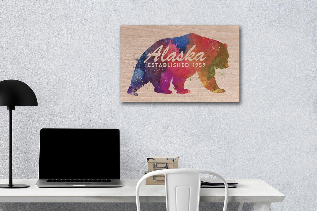 Alaska, Bear, Vibrant Watercolor, Est, Lantern Press Artwork, Wood Signs and Postcards Wood Lantern Press 12 x 18 Wood Gallery Print