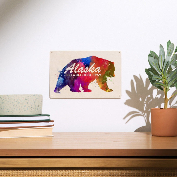 Alaska, Bear, Vibrant Watercolor, Est, Lantern Press Artwork, Wood Signs and Postcards Wood Lantern Press