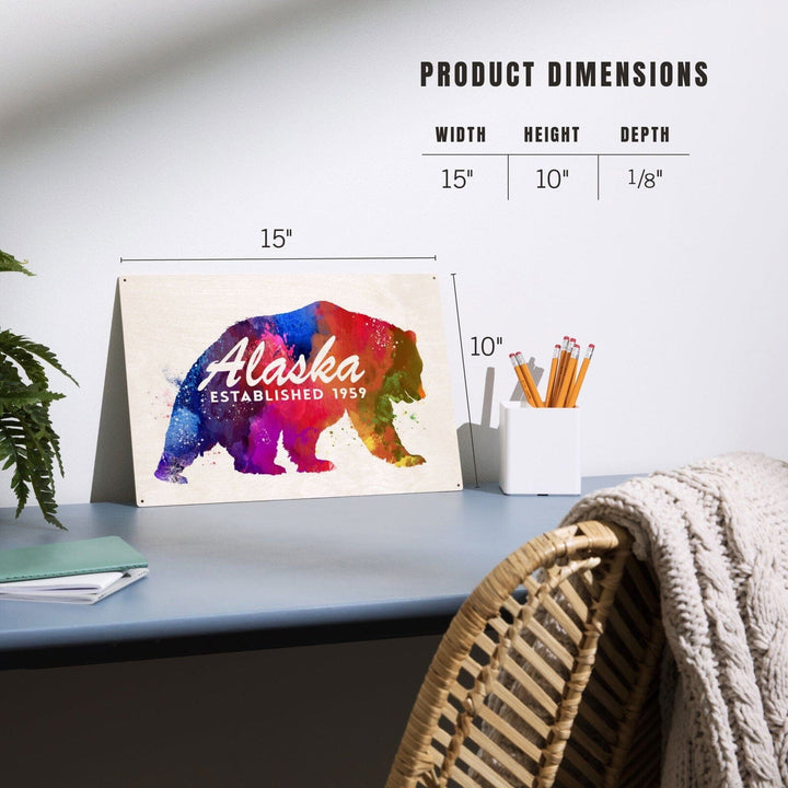 Alaska, Bear, Vibrant Watercolor, Est, Lantern Press Artwork, Wood Signs and Postcards Wood Lantern Press