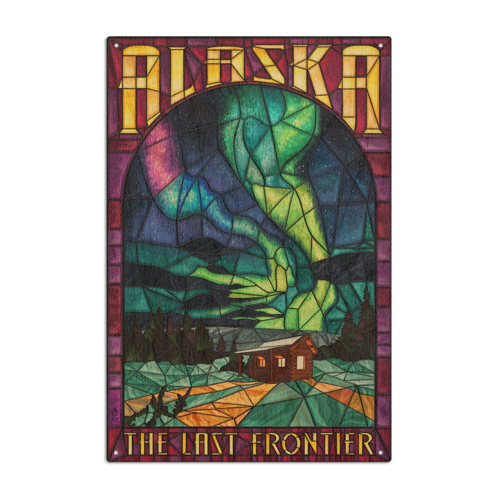 Alaska, Cabin & Northern Lights Stained Glass, Lantern Press Artwork, Wood Signs and Postcards Wood Lantern Press 10 x 15 Wood Sign