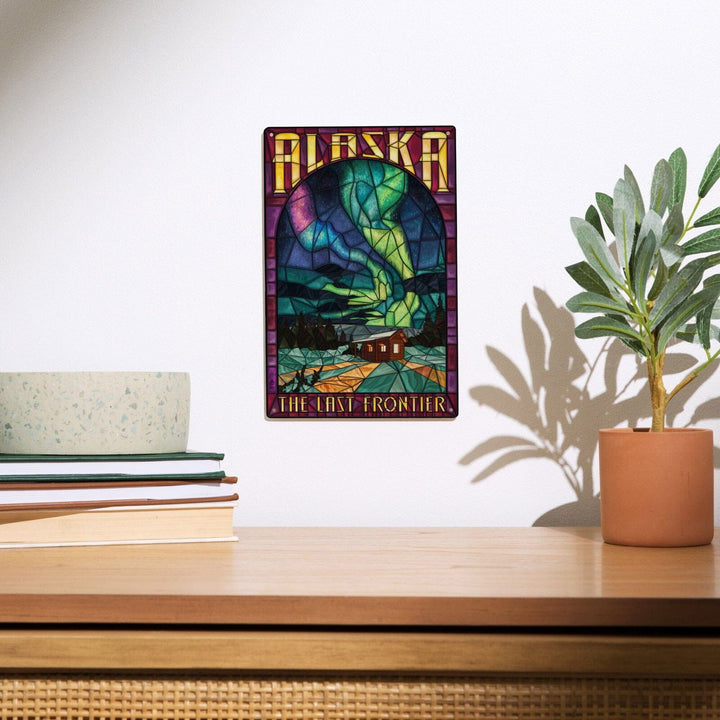 Alaska, Cabin & Northern Lights Stained Glass, Lantern Press Artwork, Wood Signs and Postcards Wood Lantern Press