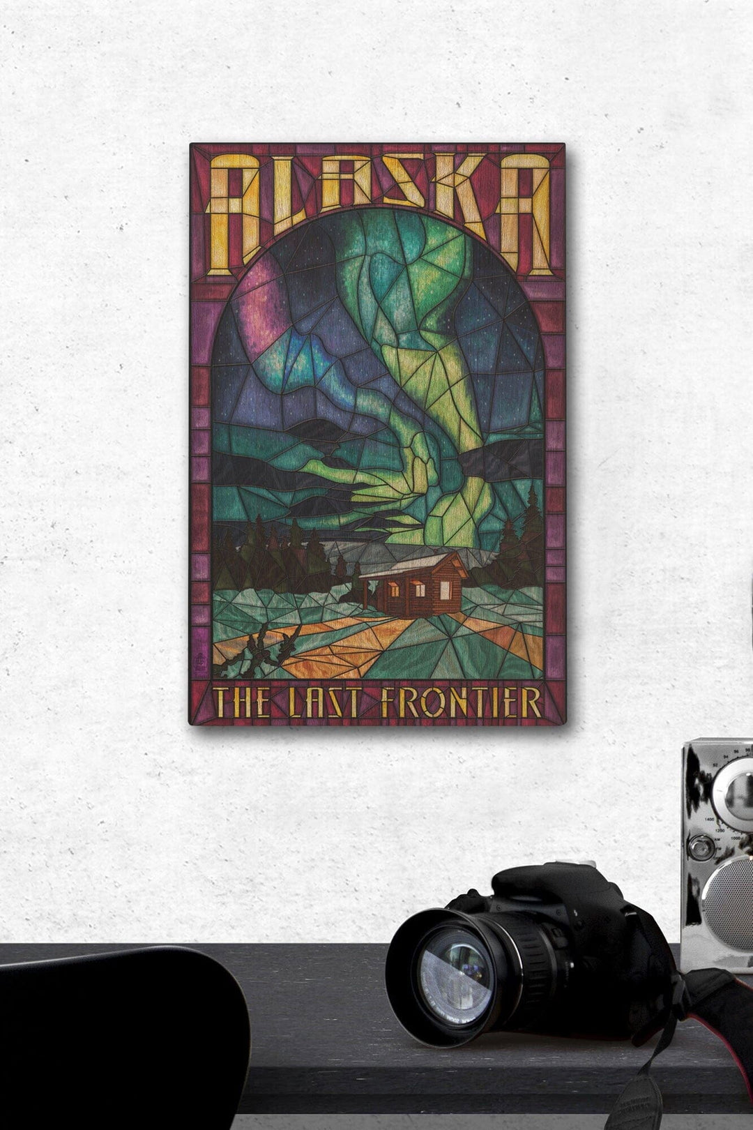 Alaska, Cabin & Northern Lights Stained Glass, Lantern Press Artwork, Wood Signs and Postcards Wood Lantern Press