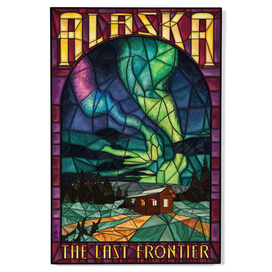 Alaska, Cabin & Northern Lights Stained Glass, Lantern Press Artwork, Wood Signs and Postcards Wood Lantern Press