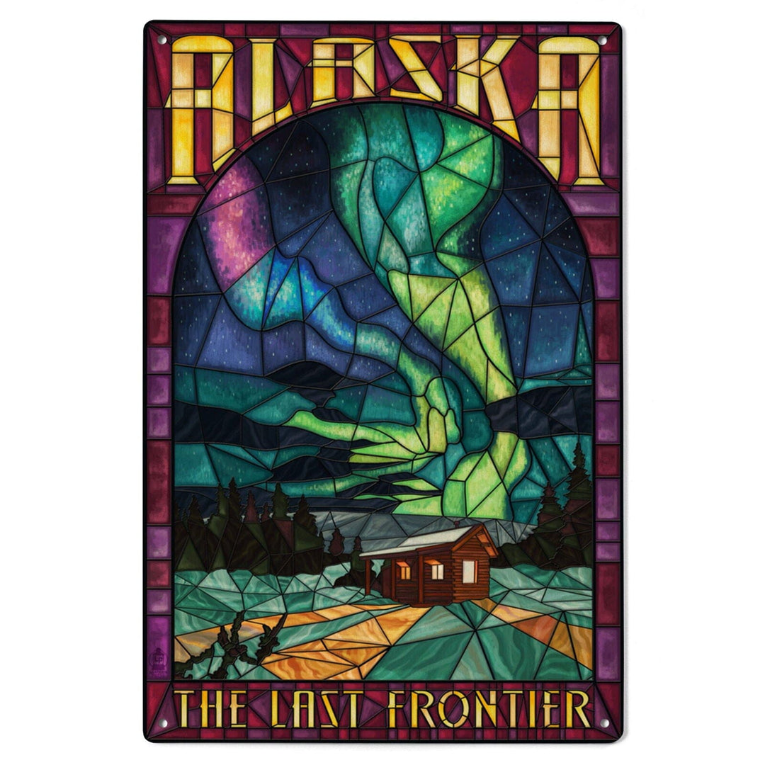 Alaska, Cabin & Northern Lights Stained Glass, Lantern Press Artwork, Wood Signs and Postcards Wood Lantern Press