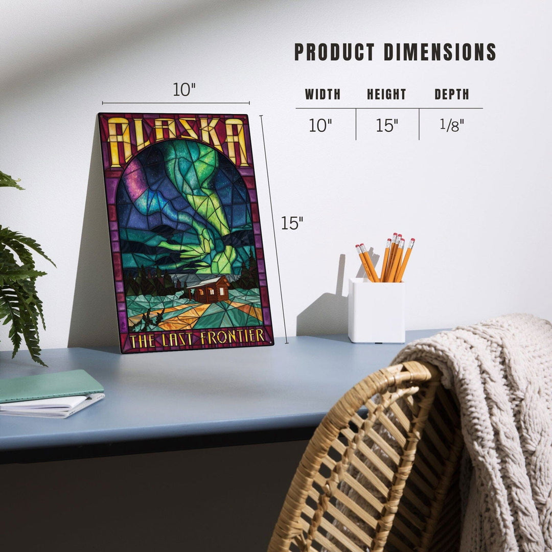 Alaska, Cabin & Northern Lights Stained Glass, Lantern Press Artwork, Wood Signs and Postcards Wood Lantern Press