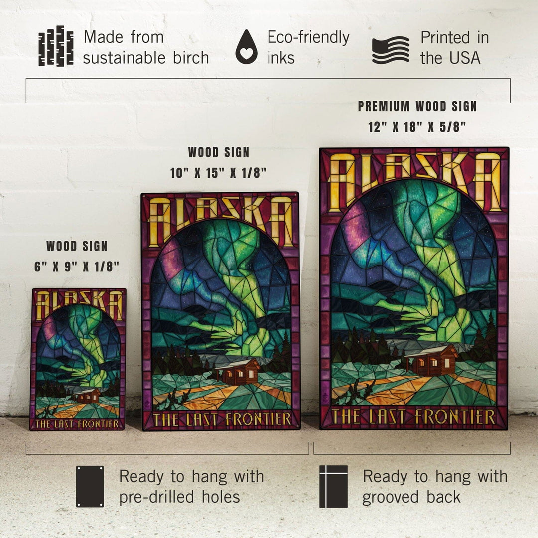 Alaska, Cabin & Northern Lights Stained Glass, Lantern Press Artwork, Wood Signs and Postcards Wood Lantern Press