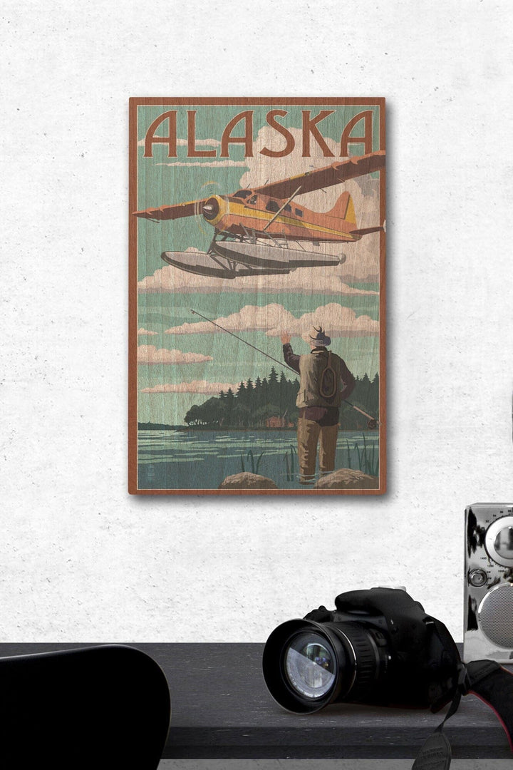 Alaska, Float Plane & Fisherman, Lantern Press Artwork, Wood Signs and Postcards Wood Lantern Press 12 x 18 Wood Gallery Print