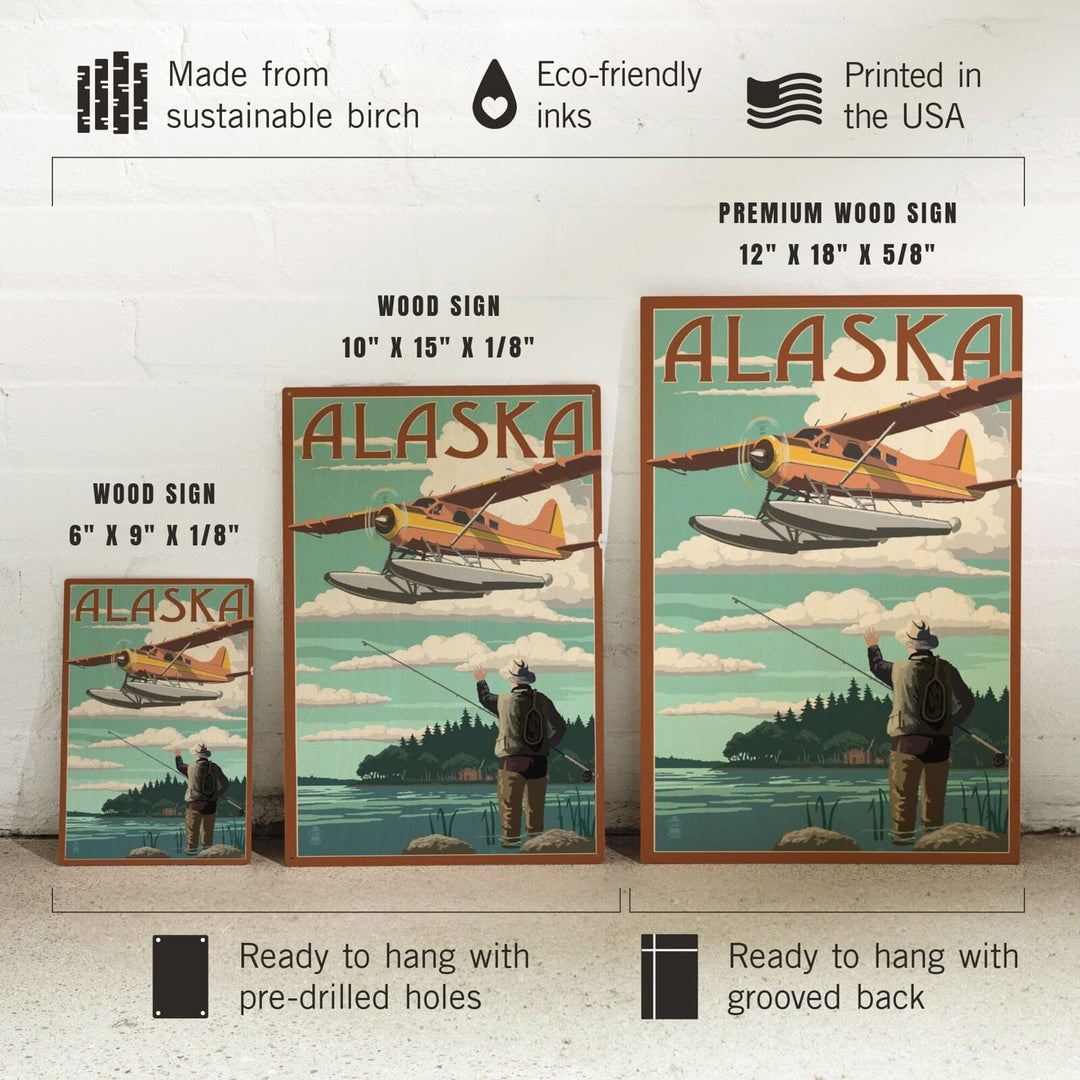 Alaska, Float Plane & Fisherman, Lantern Press Artwork, Wood Signs and Postcards Wood Lantern Press