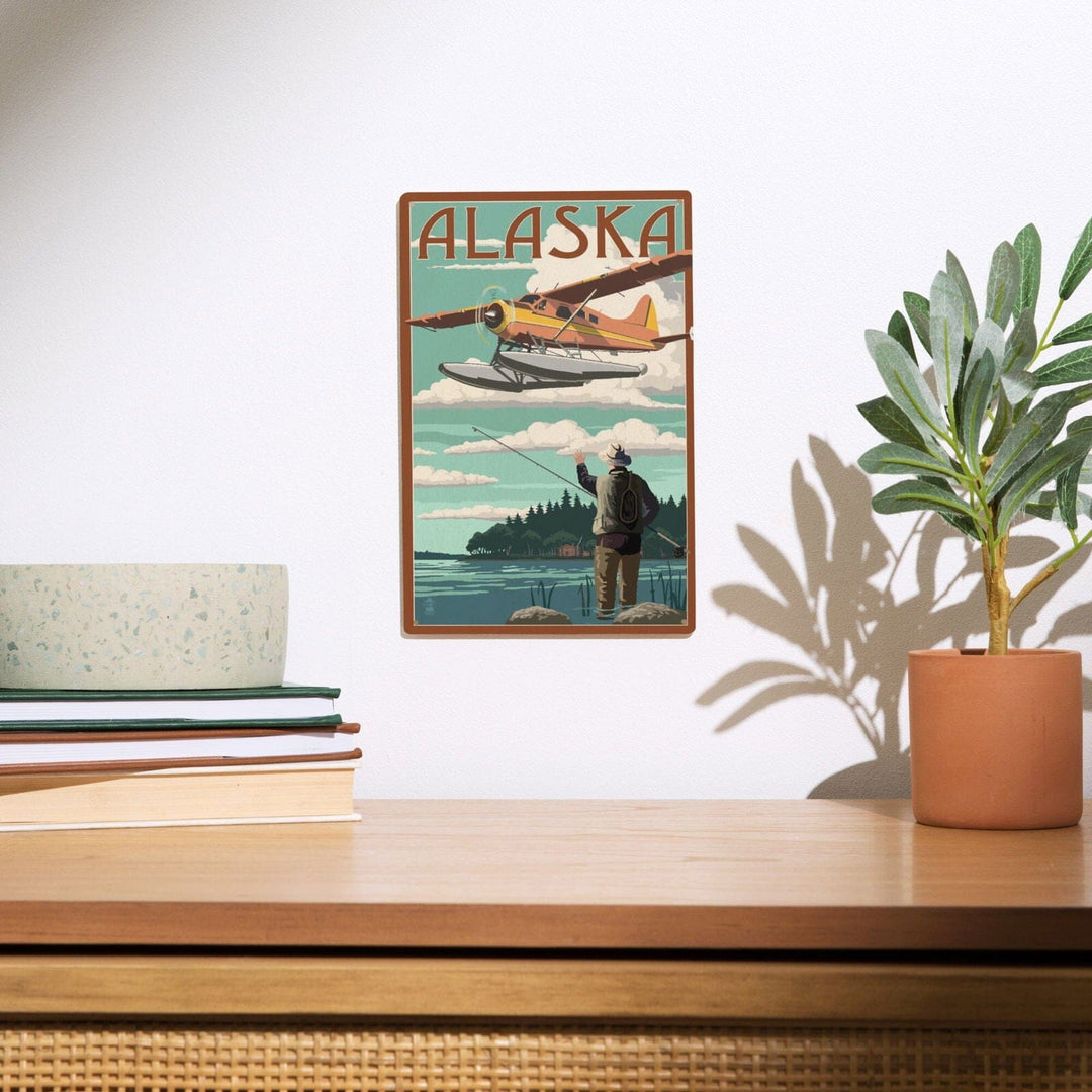 Alaska, Float Plane & Fisherman, Lantern Press Artwork, Wood Signs and Postcards Wood Lantern Press