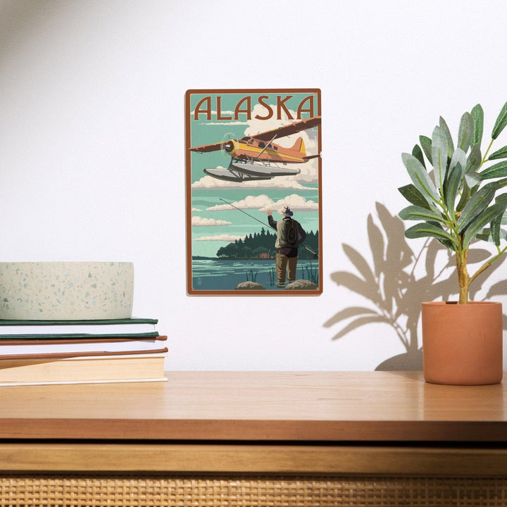 Alaska, Float Plane & Fisherman, Lantern Press Artwork, Wood Signs and Postcards Wood Lantern Press