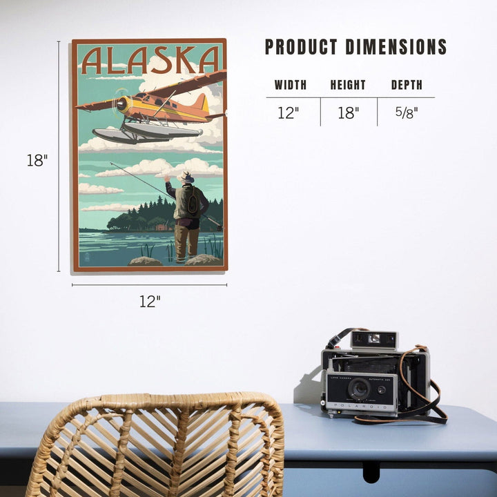 Alaska, Float Plane & Fisherman, Lantern Press Artwork, Wood Signs and Postcards Wood Lantern Press