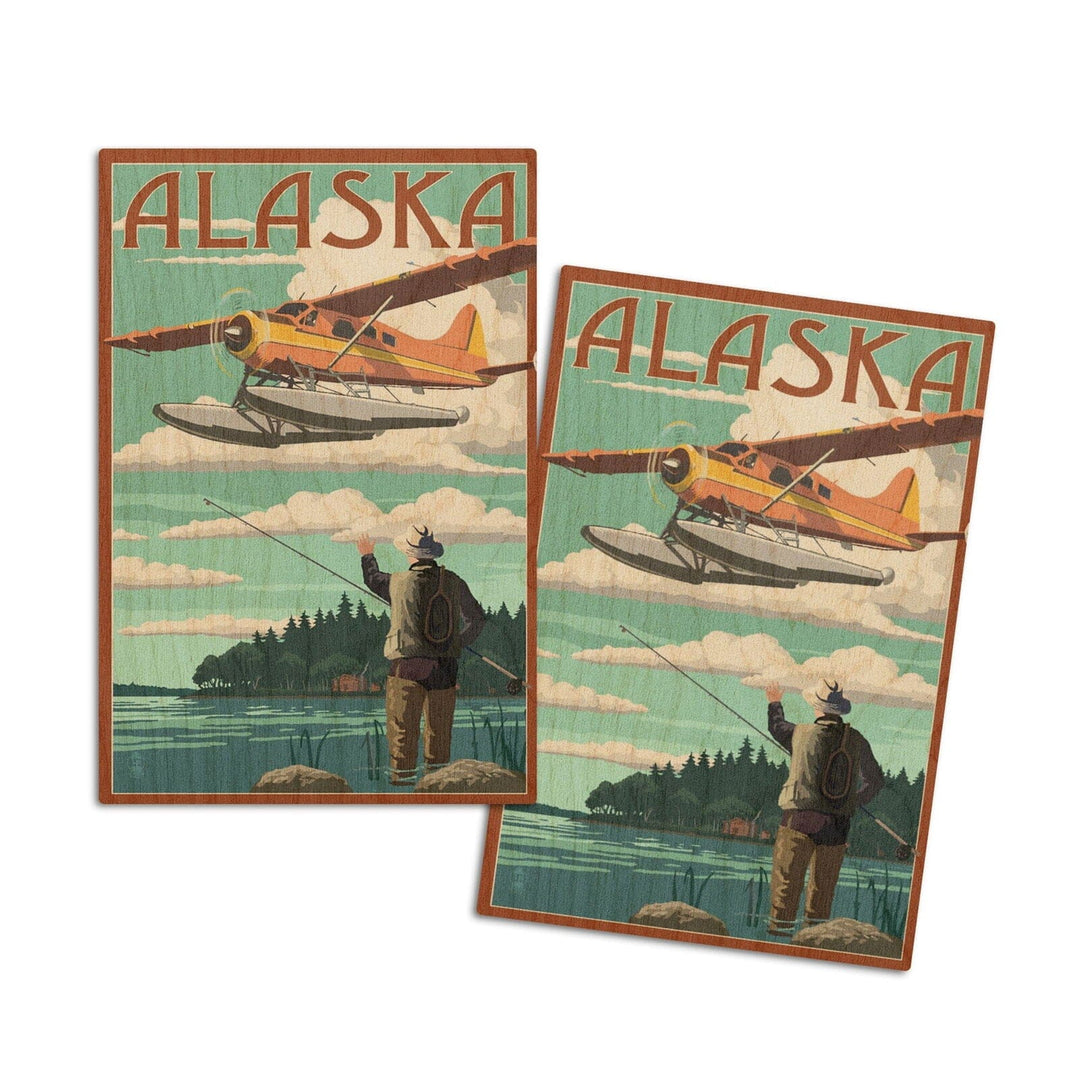Alaska, Float Plane & Fisherman, Lantern Press Artwork, Wood Signs and Postcards Wood Lantern Press 4x6 Wood Postcard Set