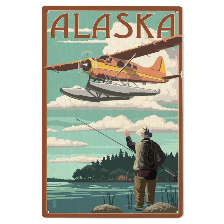 Alaska, Float Plane & Fisherman, Lantern Press Artwork, Wood Signs and Postcards Wood Lantern Press