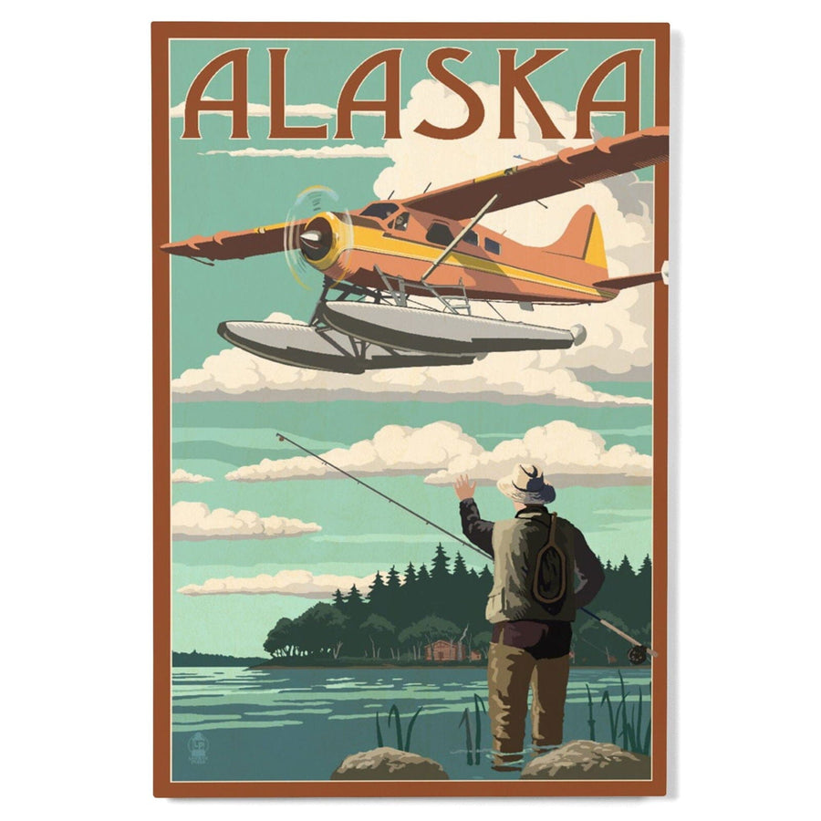 Alaska, Float Plane & Fisherman, Lantern Press Artwork, Wood Signs and Postcards Wood Lantern Press
