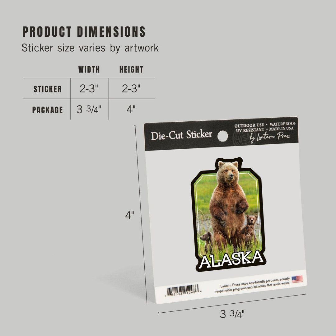Alaska, Grizzly Bear and Cubs, Contour, Vinyl Sticker Sticker Lantern Press