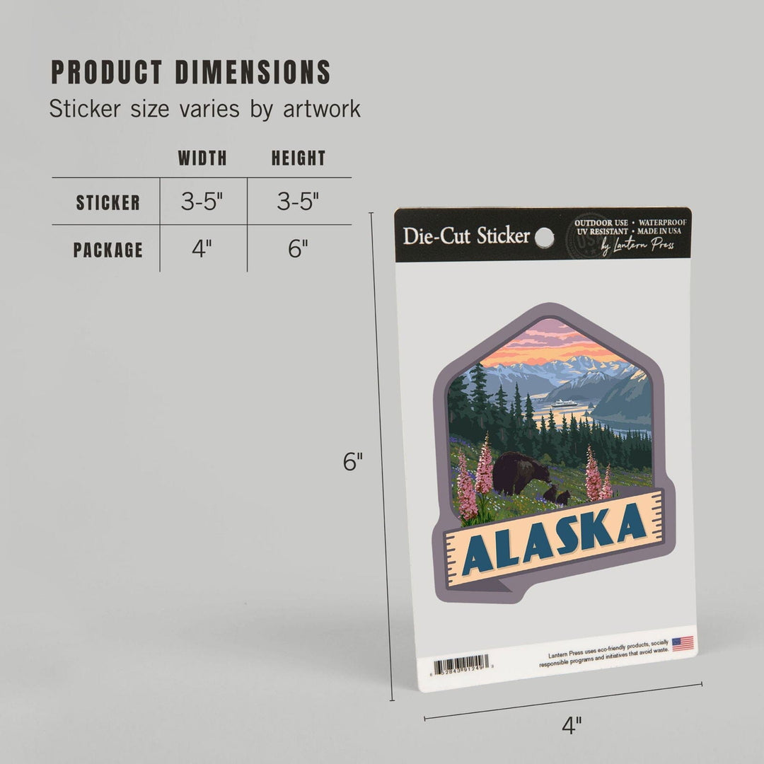 Alaska, Inside Passage, Bear and Spring Flowers, Contour, Vinyl Sticker Sticker Lantern Press