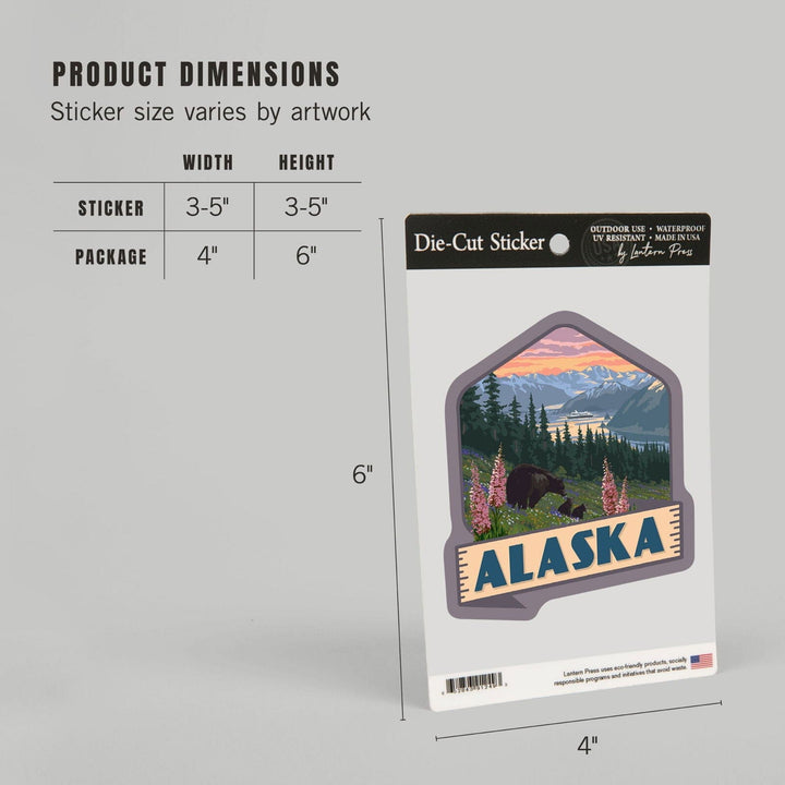 Alaska, Inside Passage, Bear and Spring Flowers, Contour, Vinyl Sticker Sticker Lantern Press