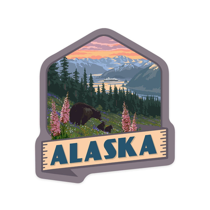 Alaska, Inside Passage, Bear and Spring Flowers, Contour, Vinyl Sticker Sticker Lantern Press
