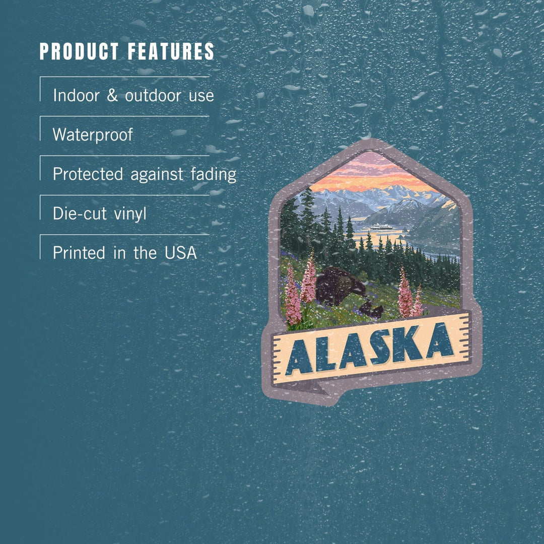 Alaska, Inside Passage, Bear and Spring Flowers, Contour, Vinyl Sticker Sticker Lantern Press