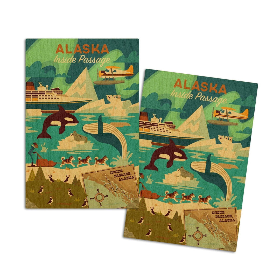 Alaska, Inside Passage, Geometric, Lantern Press Artwork, Wood Signs and Postcards Wood Lantern Press 4x6 Wood Postcard Set