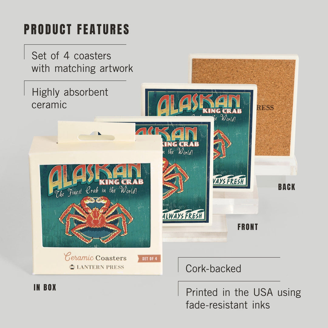 Alaska King Crab Vintage Sign, Coasters Coasters Lantern Press