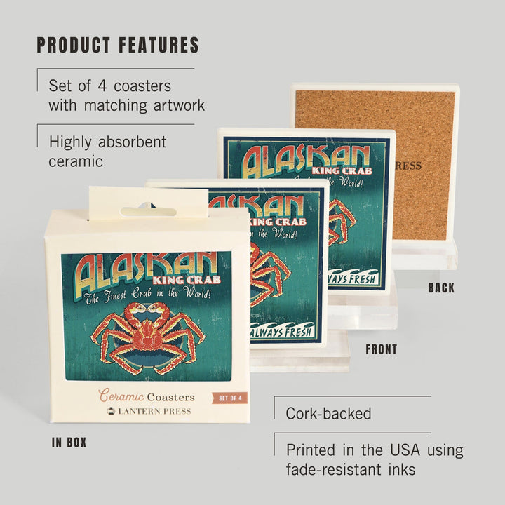 Alaska King Crab Vintage Sign, Coasters Coasters Lantern Press