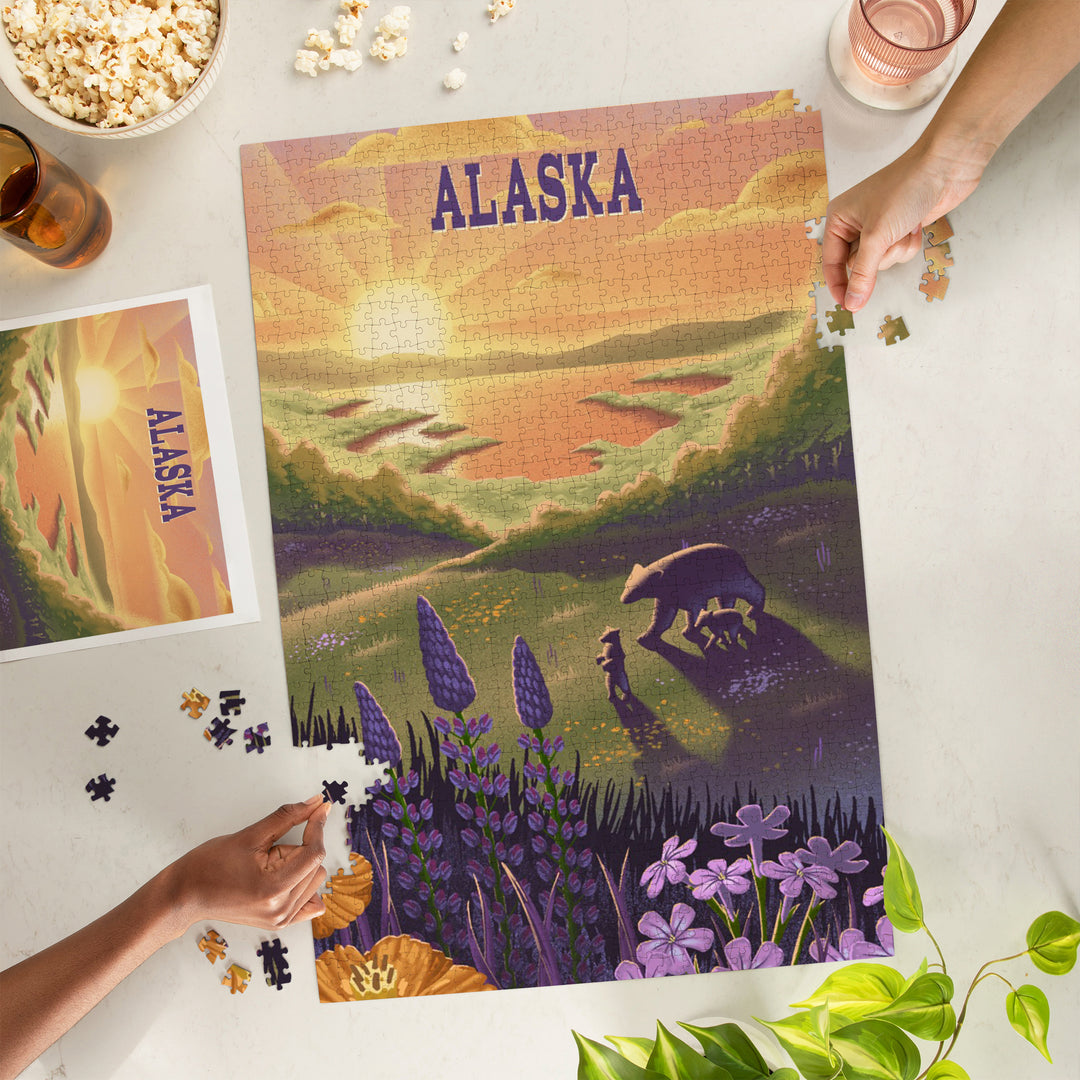 Alaska, Lithograph, Bear and Spring Flowers, Lake, Jigsaw Puzzle Puzzle Lantern Press