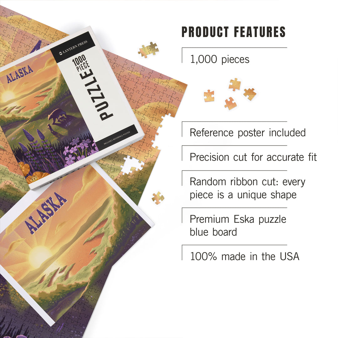 Alaska, Lithograph, Bear and Spring Flowers, Lake, Jigsaw Puzzle Puzzle Lantern Press